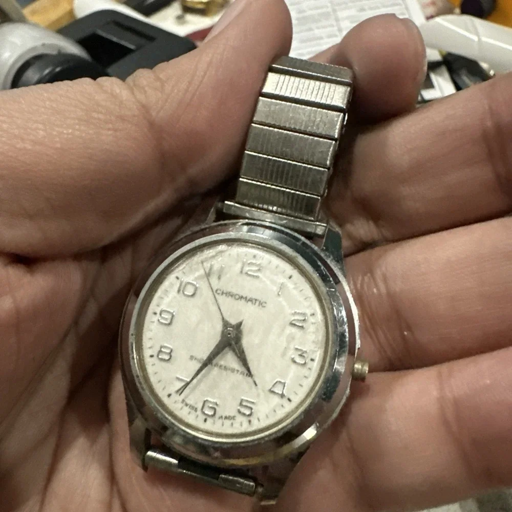 Vintage CHOROMATIC SWISS WATCH 1960s Silver Tone Mens Watch 33mm- Broken Crown