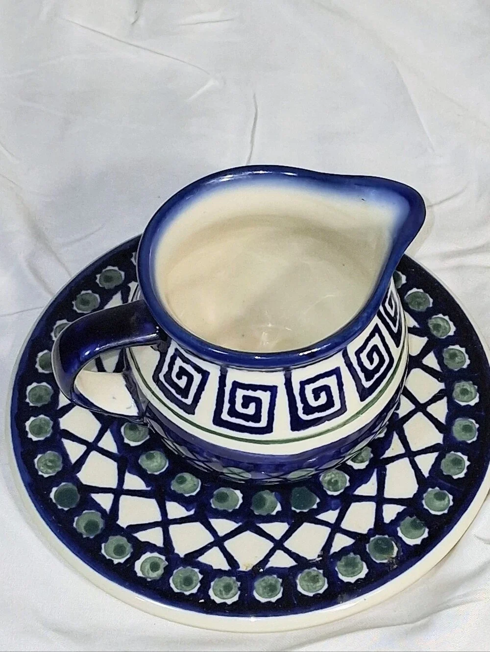 Set Of 2 Cobalt Blue Boleslawiec Saucers with Matching Creamer and Sugar Bowl