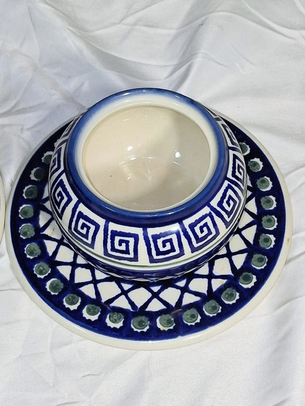 Set Of 2 Cobalt Blue Boleslawiec Saucers with Matching Creamer and Sugar Bowl