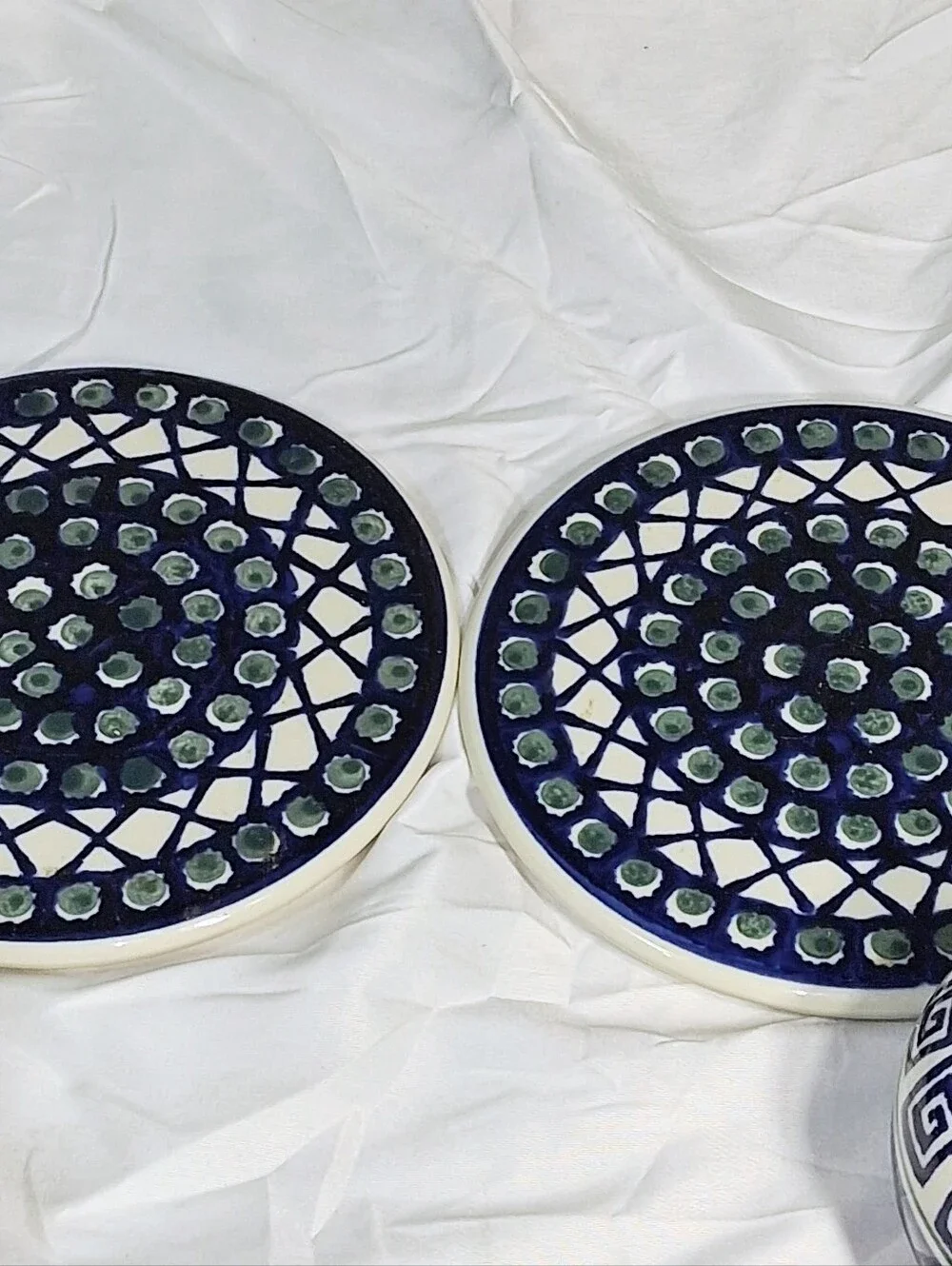Set Of 2 Cobalt Blue Boleslawiec Saucers with Matching Creamer and Sugar Bowl
