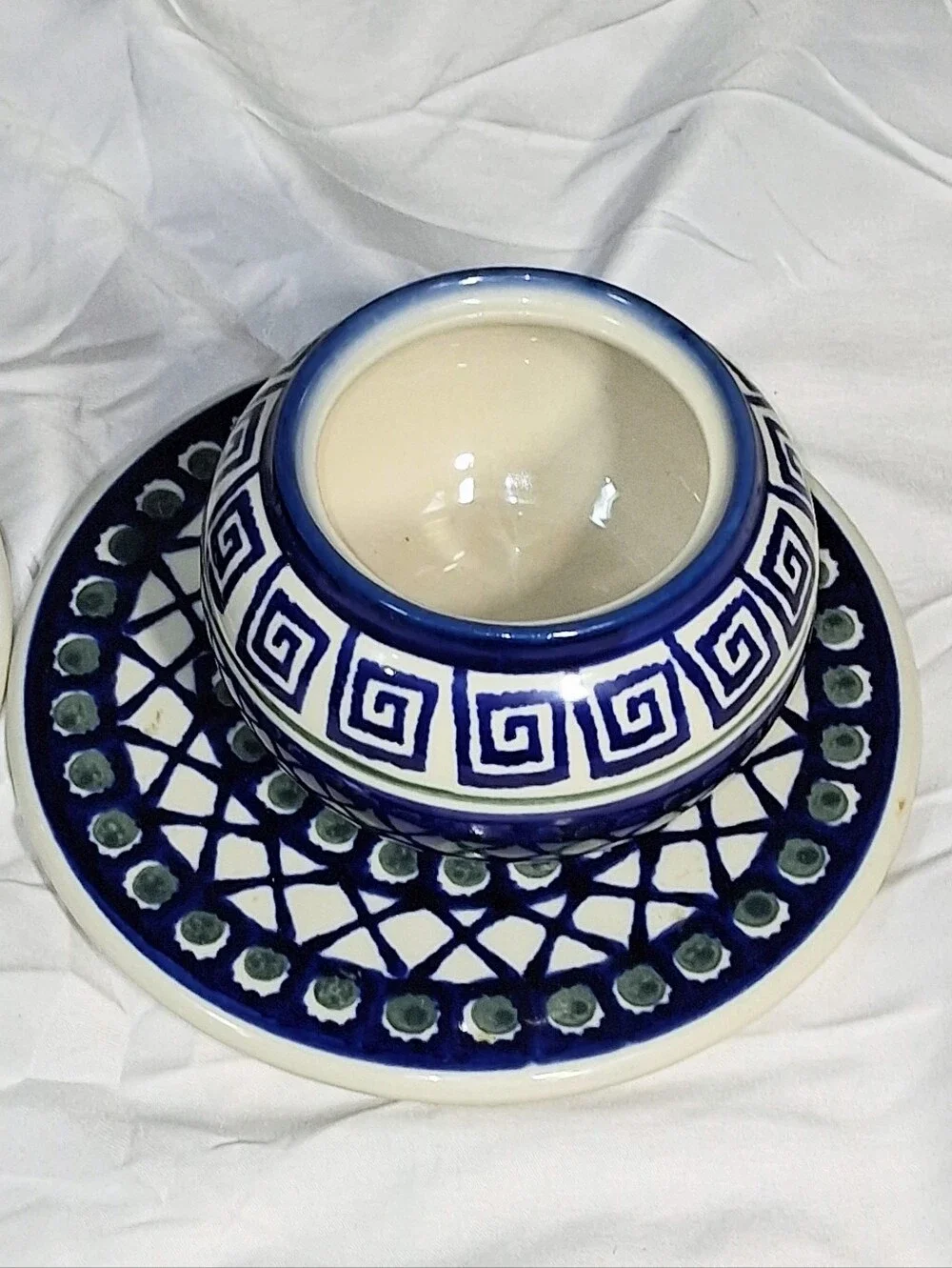 Set Of 2 Cobalt Blue Boleslawiec Saucers with Matching Creamer and Sugar Bowl