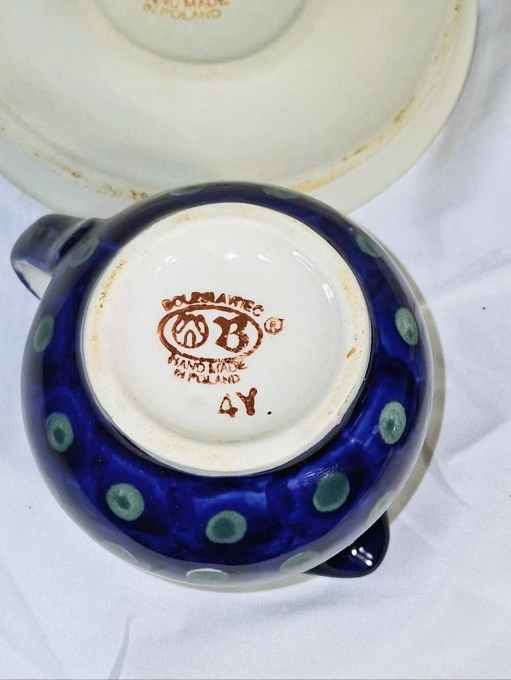 Set Of 2 Cobalt Blue Boleslawiec Saucers with Matching Creamer and Sugar Bowl