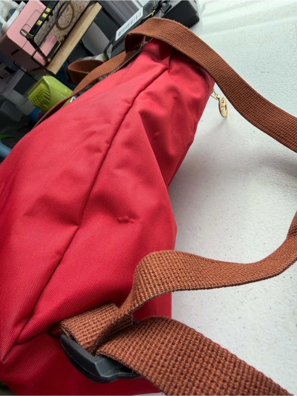 Longchamp Le Pliage Red Backpack with Brown Trim
