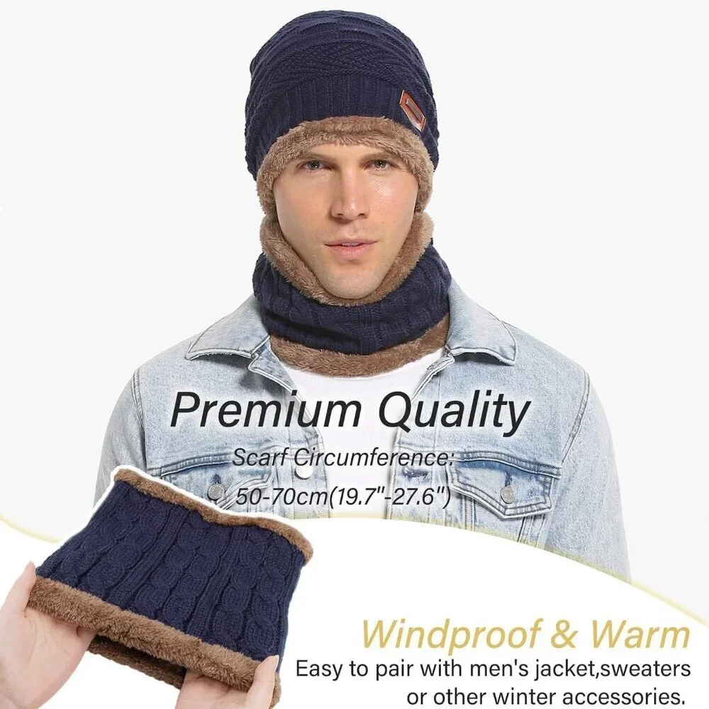 Men's Navy Blue Winter Warm Knit Thick Fleece Lined Skull Beanie Hat Scarf Set