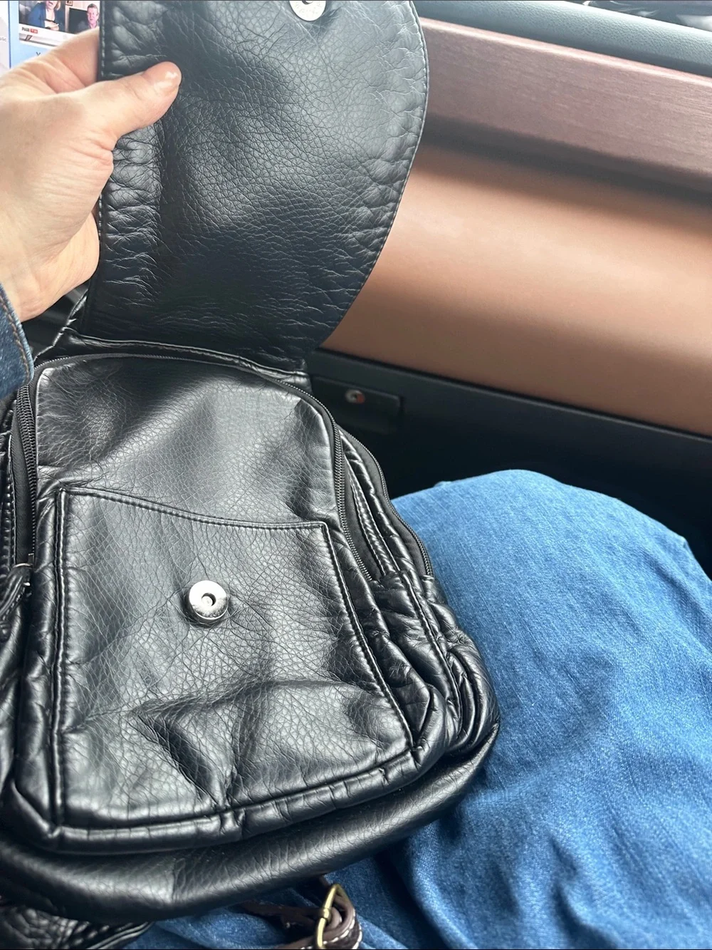 Black Embroidered Leather Backpack Purse - Women