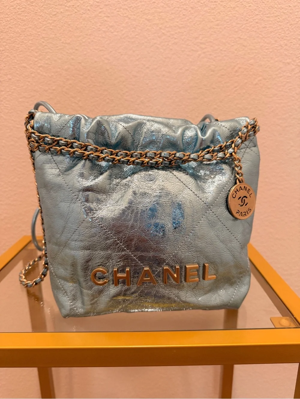 CHANEL Metallic Calfskin Quilted Mini Chanel 22 Blue