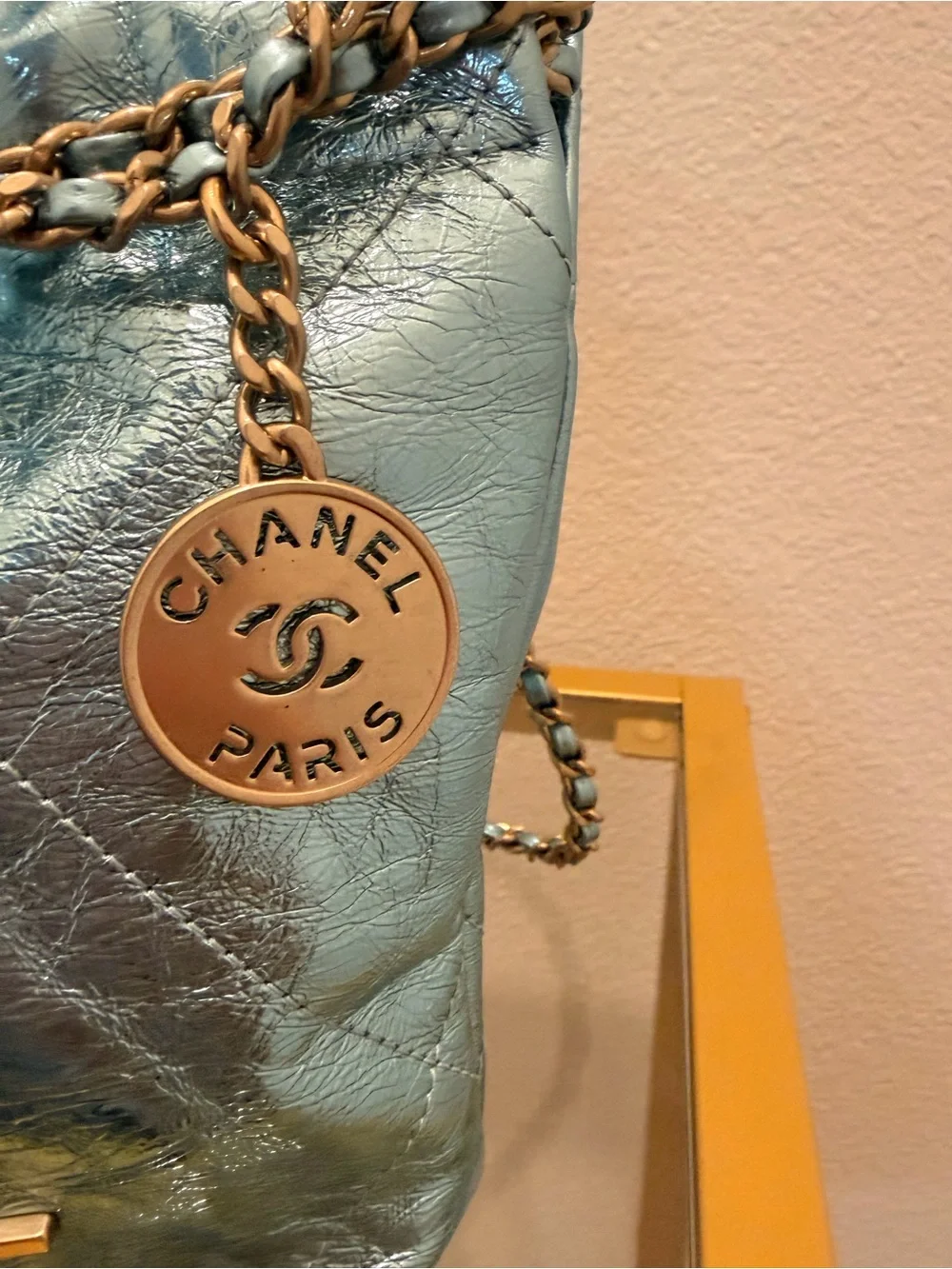 CHANEL Metallic Calfskin Quilted Mini Chanel 22 Blue