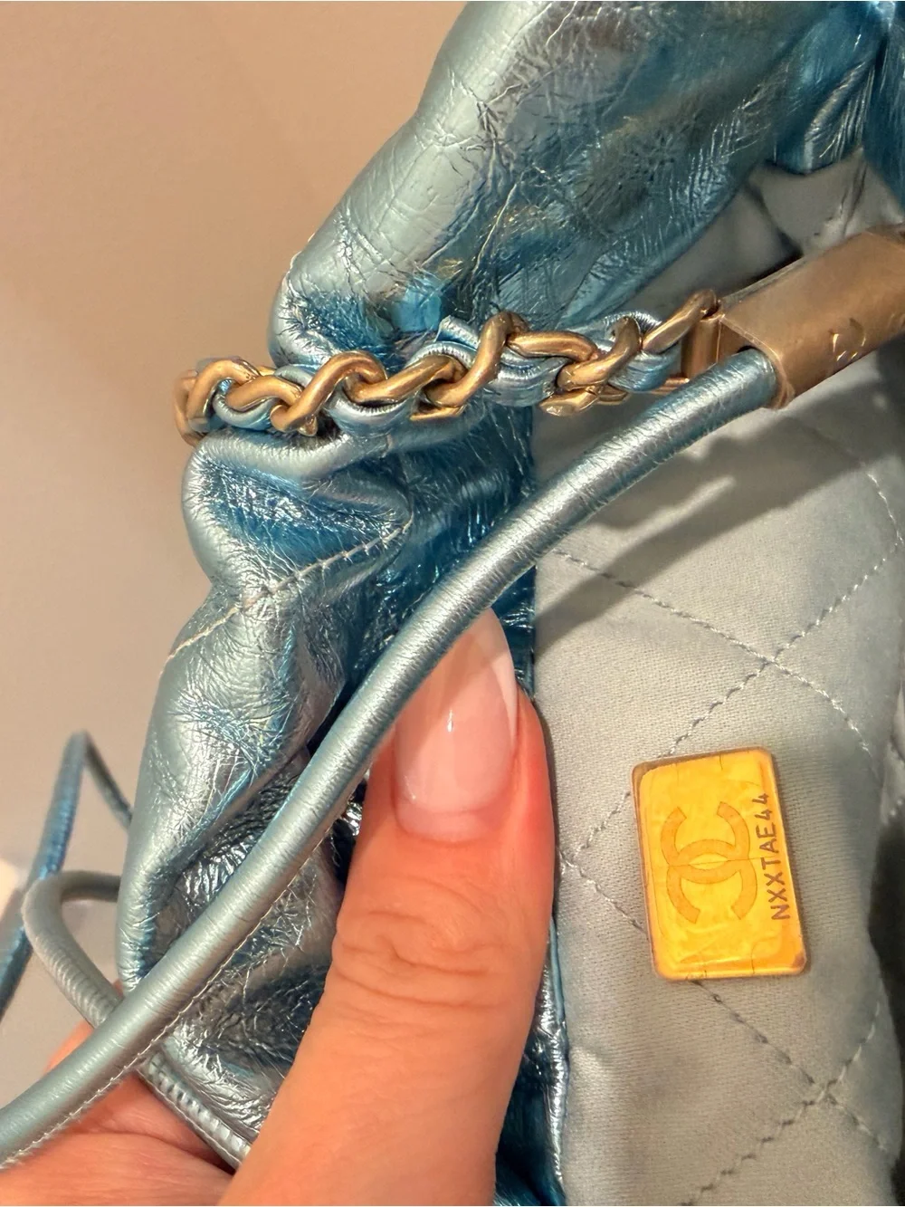CHANEL Metallic Calfskin Quilted Mini Chanel 22 Blue
