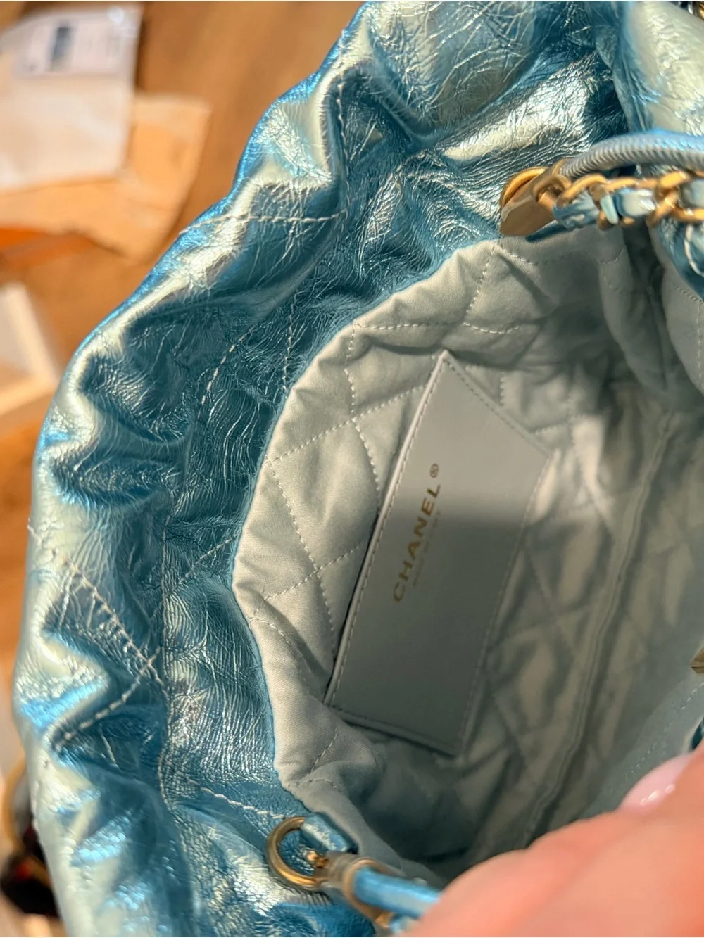 CHANEL Metallic Calfskin Quilted Mini Chanel 22 Blue