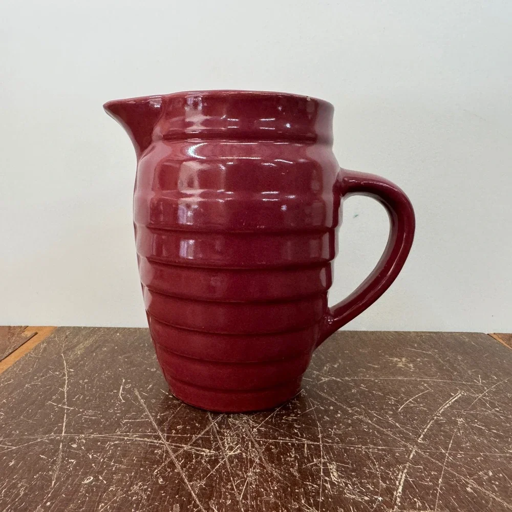 Vintage USA Pottery‎ Pitcher Red Wine Ribbed Design Kitchen Decor Rustic
