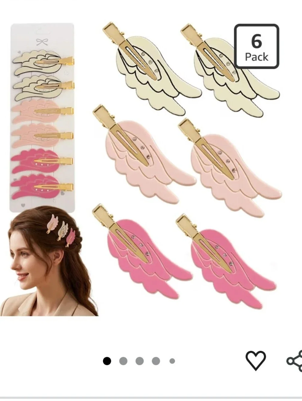 Set of 6 Angel Wing Hair Clips with Rhinestones