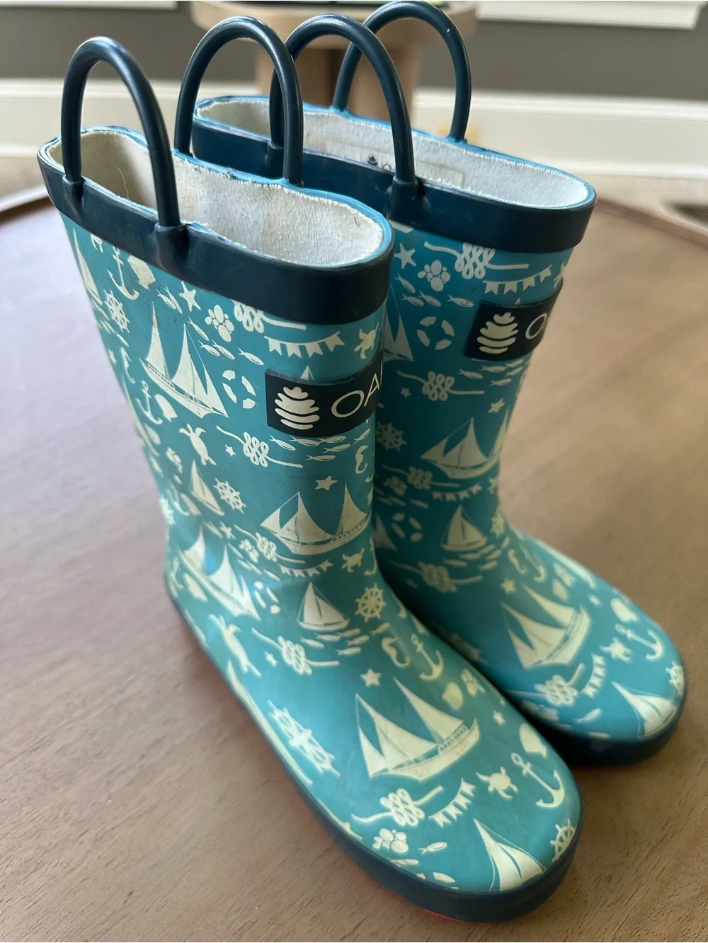 OAKI Nautical Print Rain Boots, Size 2 Big Kid