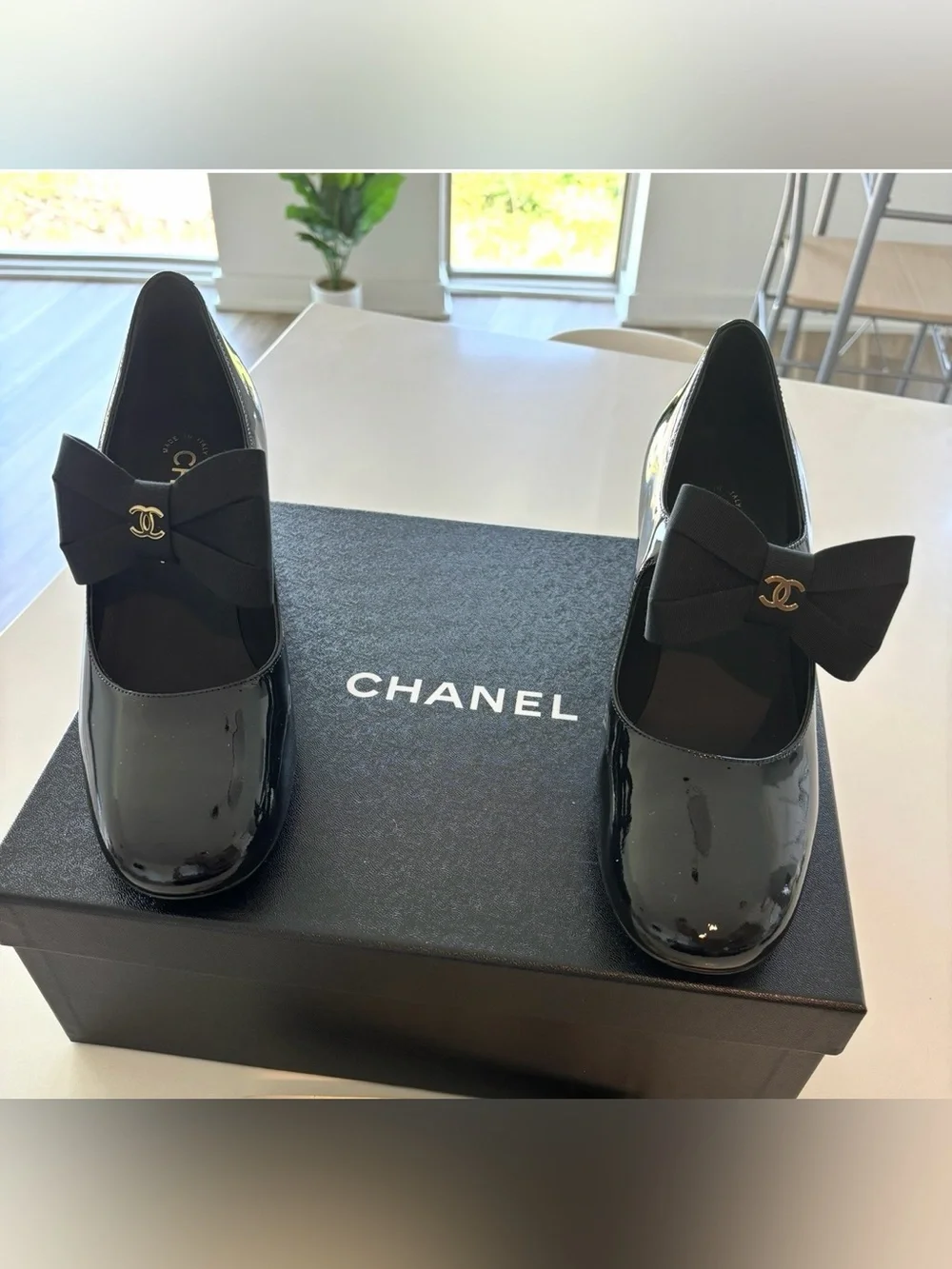 CHANEL Black Patent Bow CC Logo Mary Jane