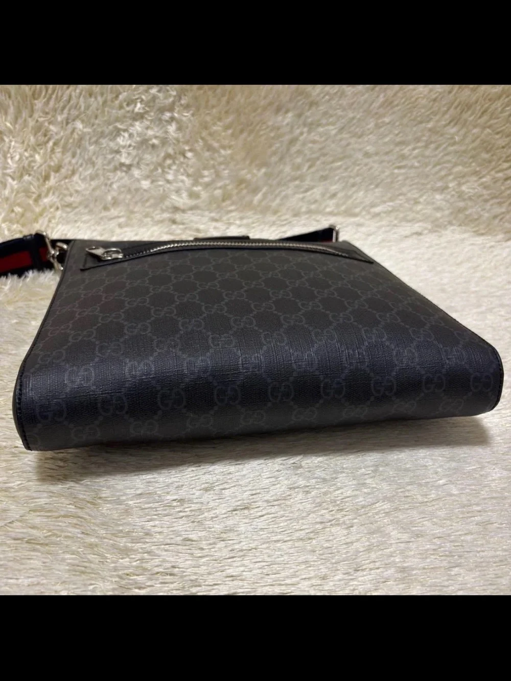 Gucci Black GG Supreme Messenger Bag with Navy & Red Web Strap