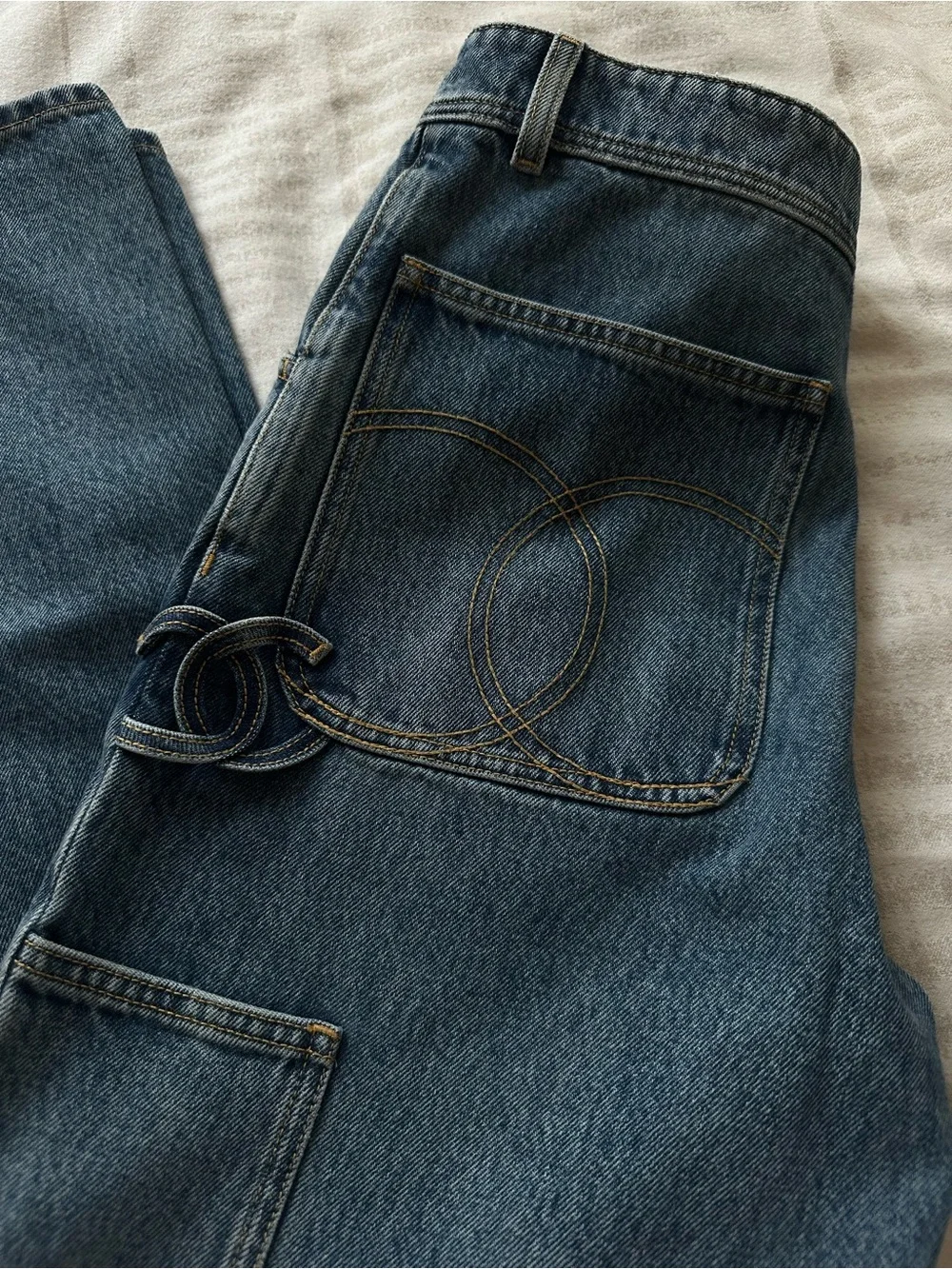Chanel 26b Blazy Blue Denim large CC Logo Cargo Jeans Size 38