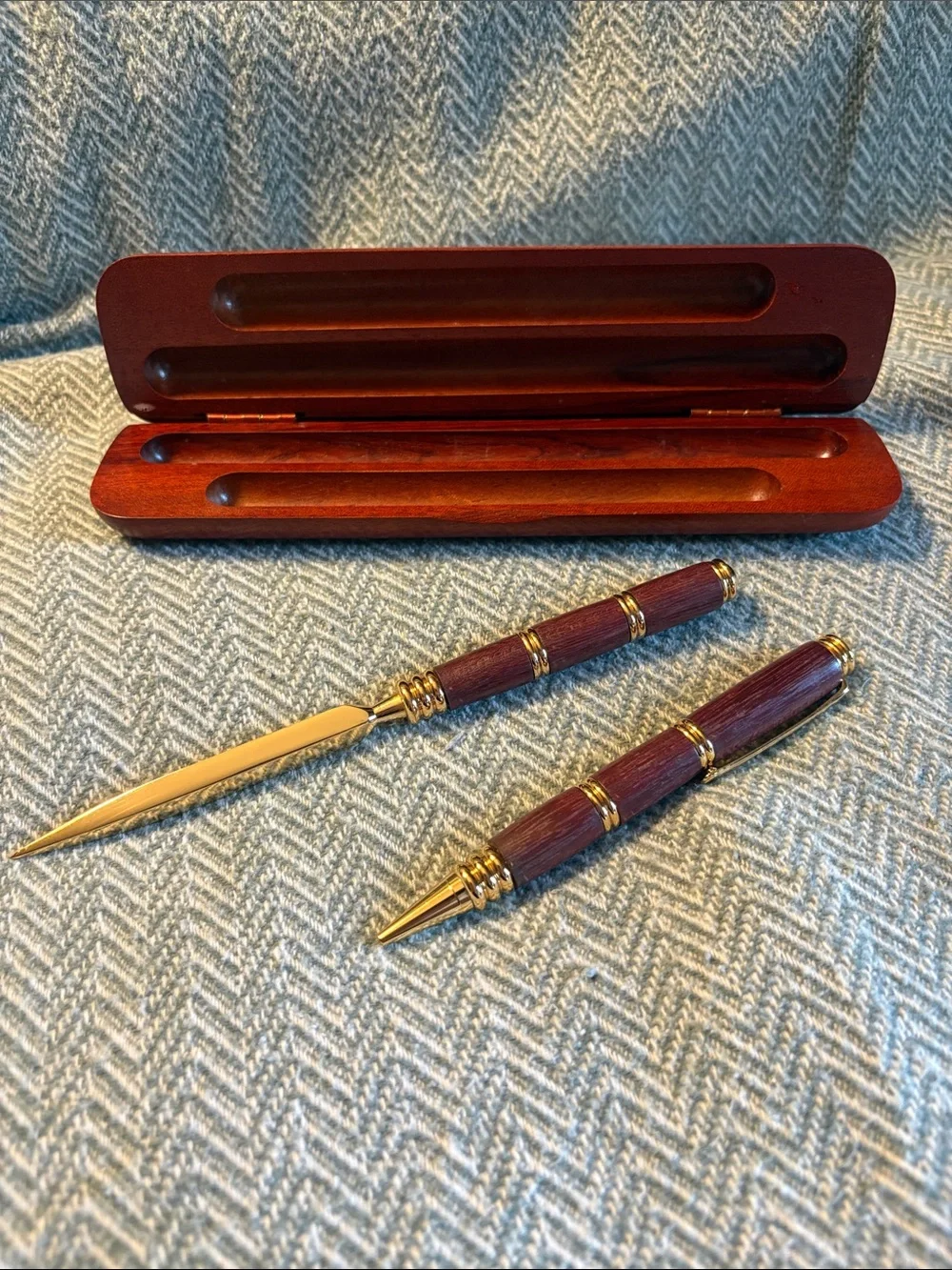 Wooden Ballpoint Pen and Letter Opener Set with Case - Mahogany Tone