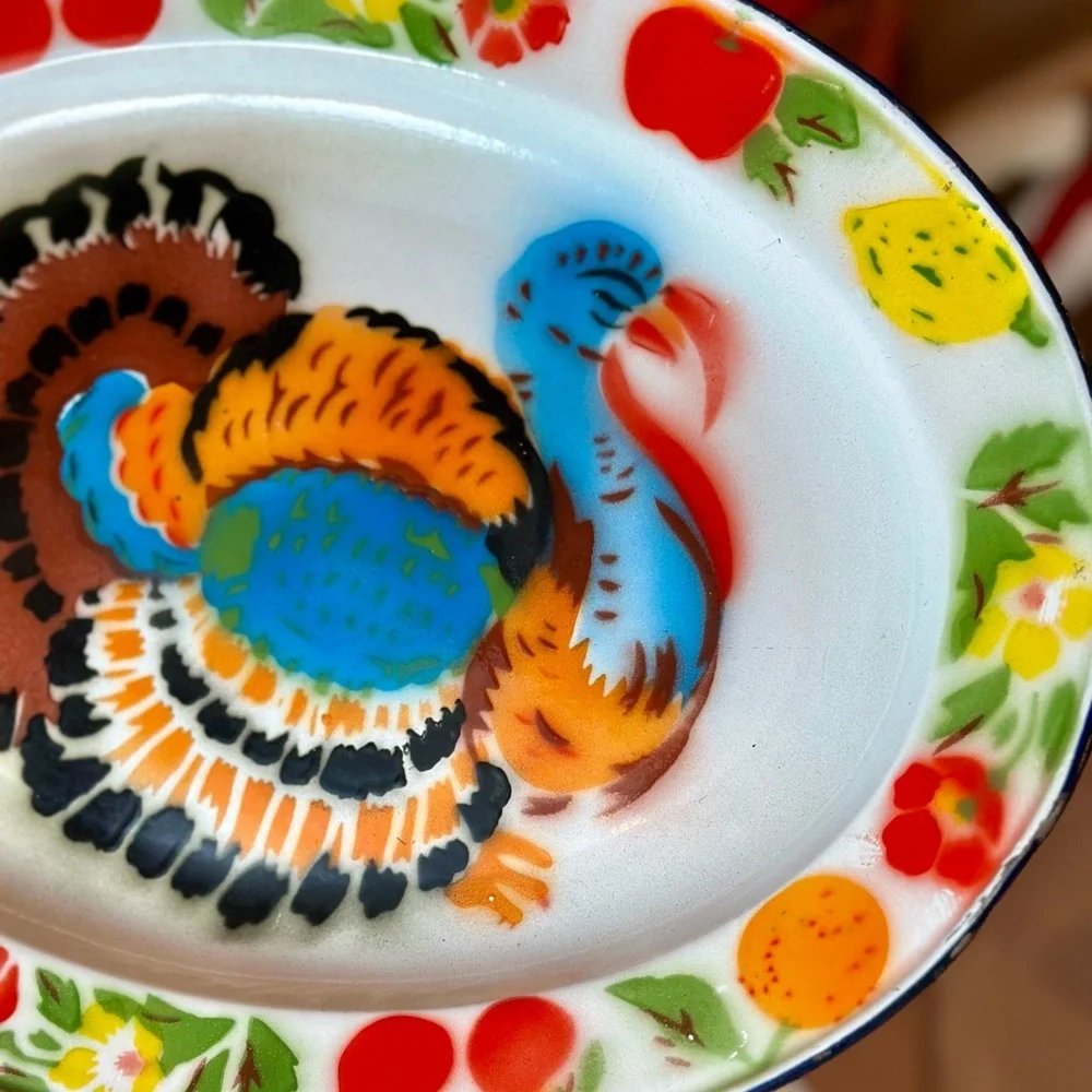 Retro Enameled Metal Colorful Turkey Design Platter for Summer or Holiday