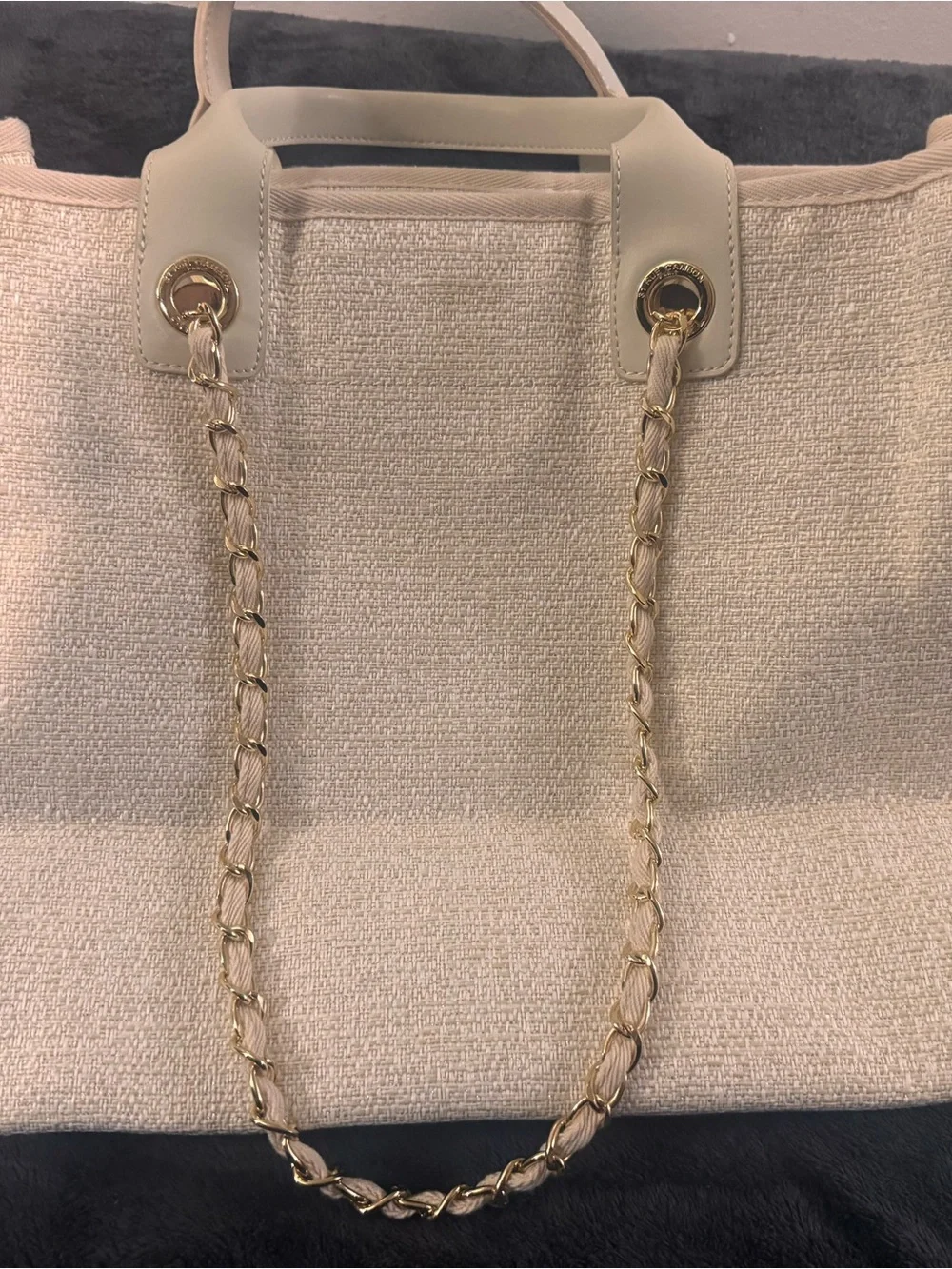 CHANEL Ivory and Gold Logo Canvas Shopper Tote