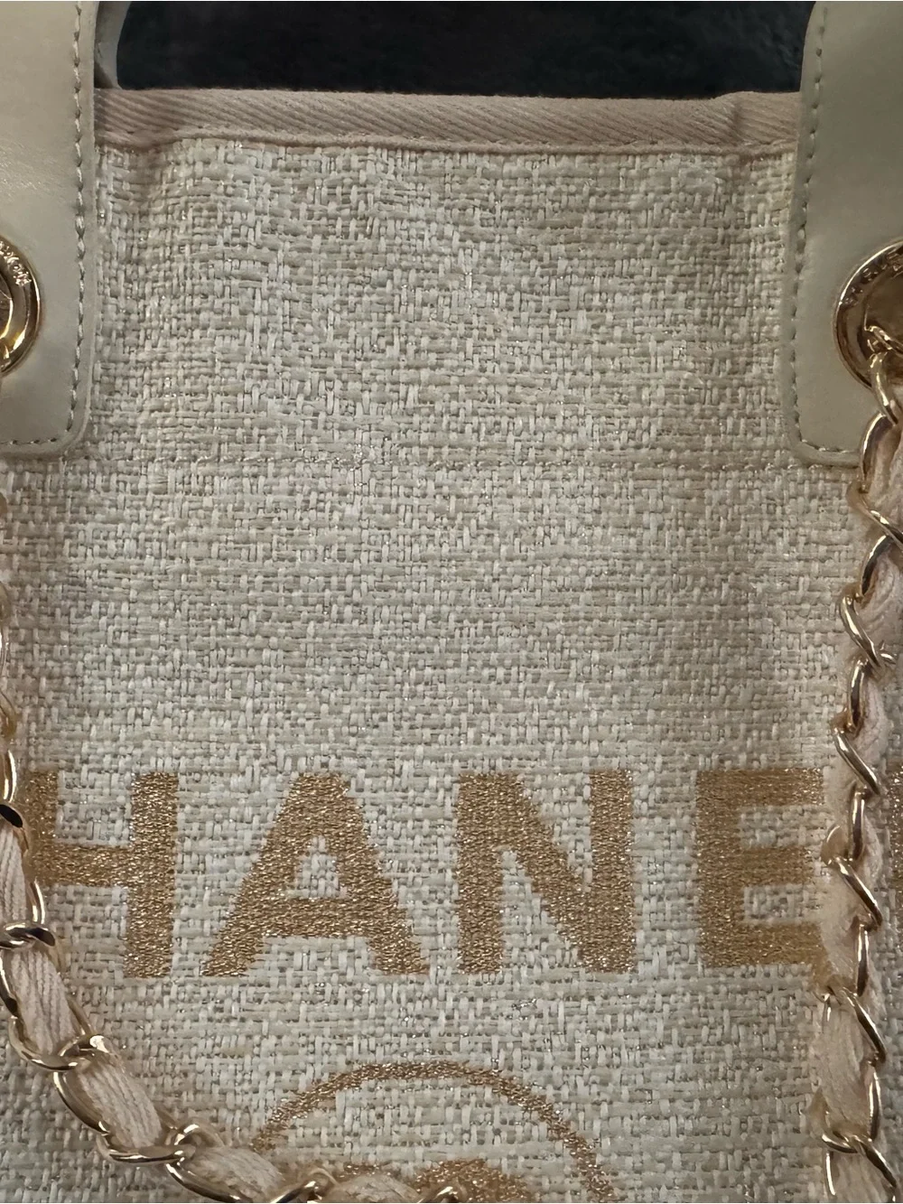 CHANEL Ivory and Gold Logo Canvas Shopper Tote