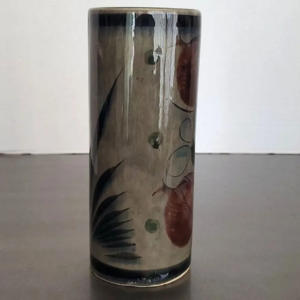 Vintage Tonala Mexican Pottery Hand Painted Floral Cylinder Vase 6.75