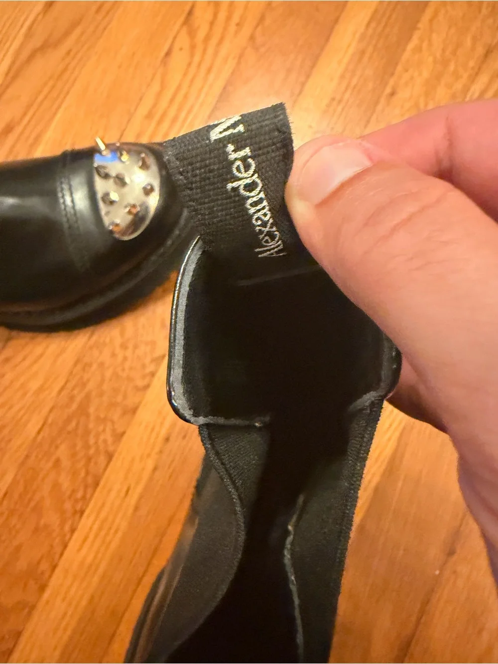 Alexander McQueen Black Leather Chelsea Boat Shoes with Silver Studded Toe