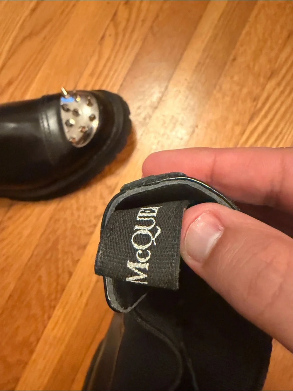 Alexander McQueen Black Leather Chelsea Boat Shoes with Silver Studded Toe