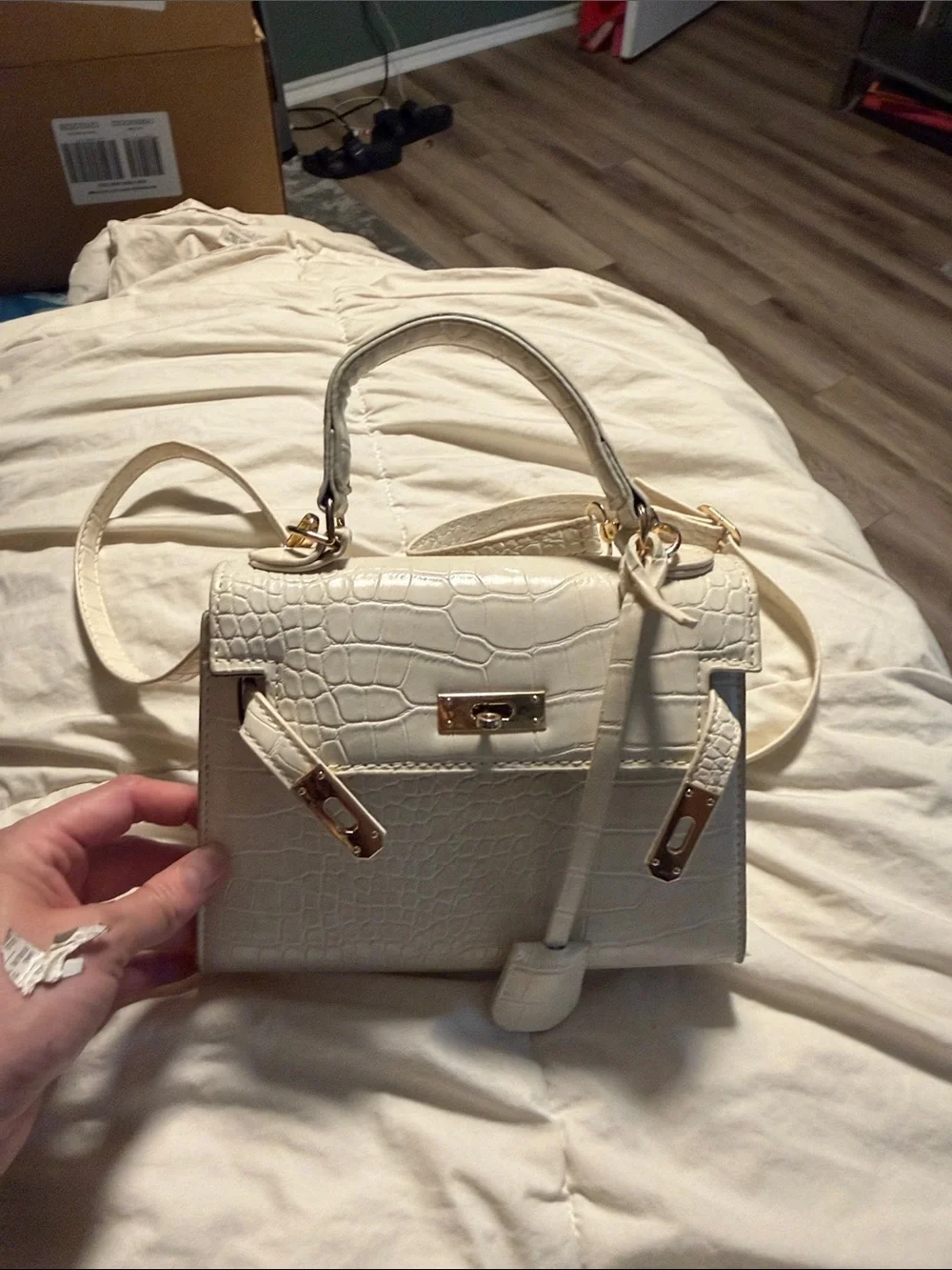 Cream Croc-Embossed Top Handle Bag with Gold Hardware