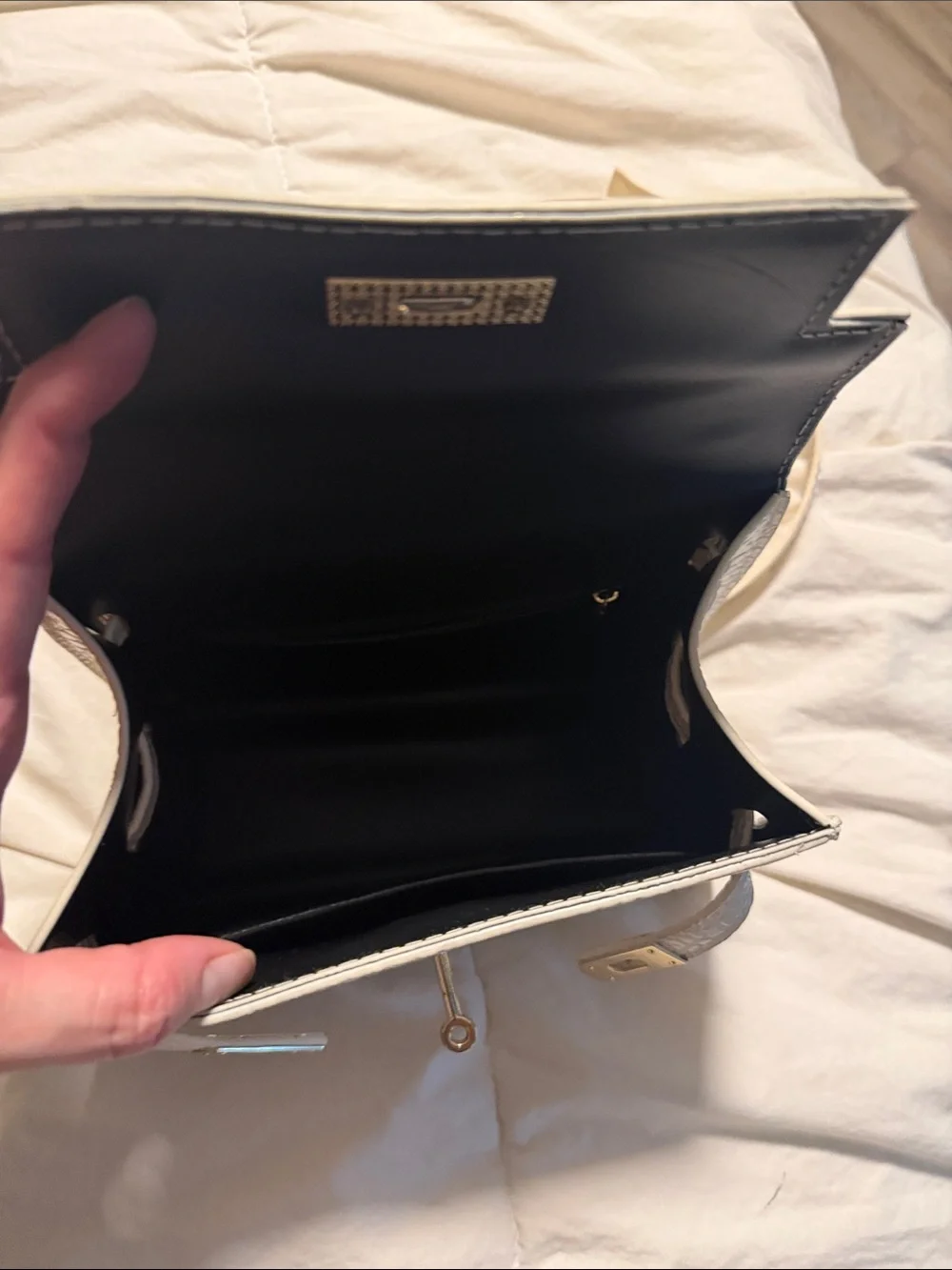 Cream Croc-Embossed Top Handle Bag with Gold Hardware