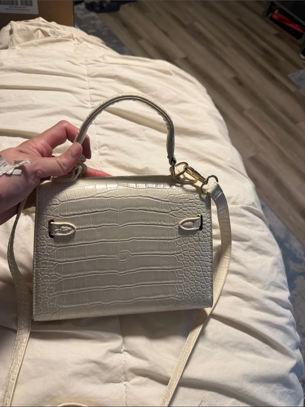 Cream Croc-Embossed Top Handle Bag with Gold Hardware