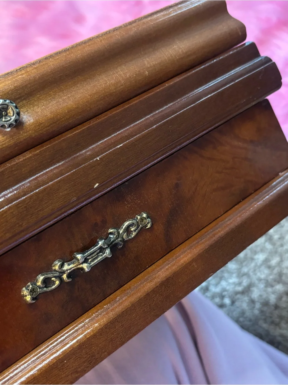 Vintage Powell Burl Wood Jewelry Box Mirror Drawer Necklace Hooks Taiwan