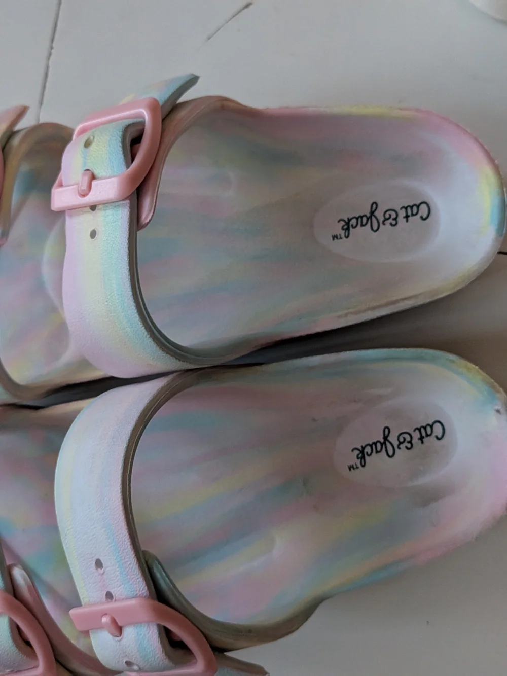 Cat & Jack Iridescent Pastel Rainbow Slide Sandals - Pink, Blue, Yellow