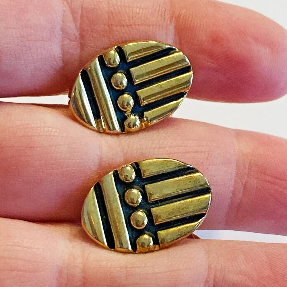 Vintage Mid Century Cufflinks Goldtone & Black Brutalist Geometric Signed SWANK