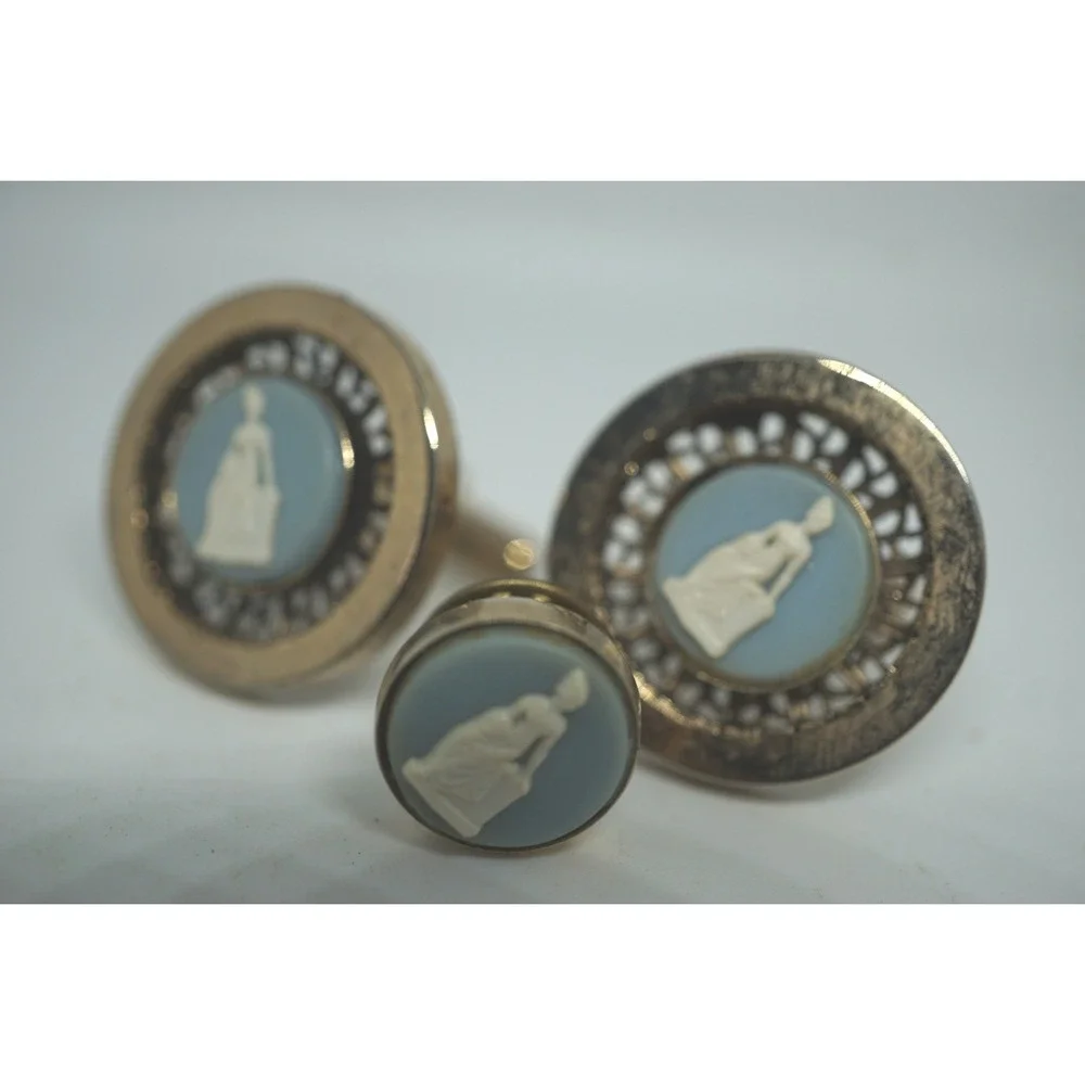 Vintage Grecian Blue Cameo Cufflinks and Tie Tack Set Gold Tone Formal Mens