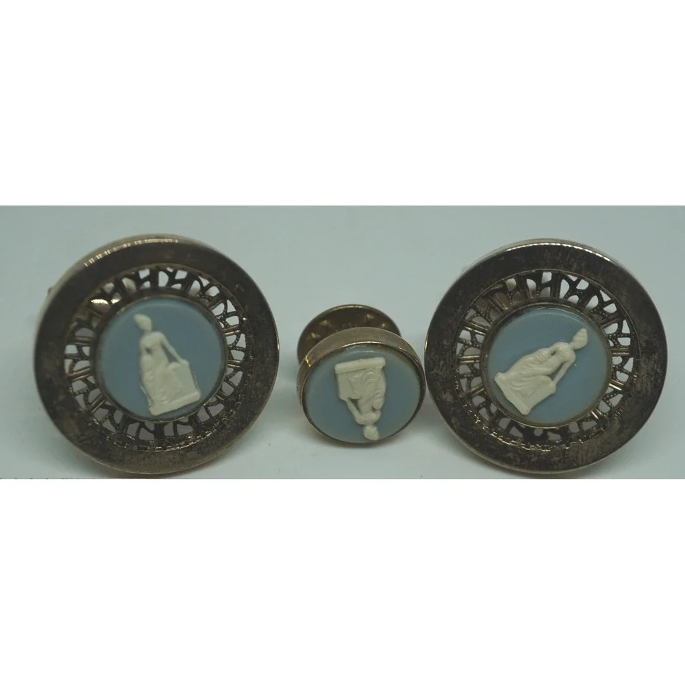 Vintage Grecian Blue Cameo Cufflinks and Tie Tack Set Gold Tone Formal Mens