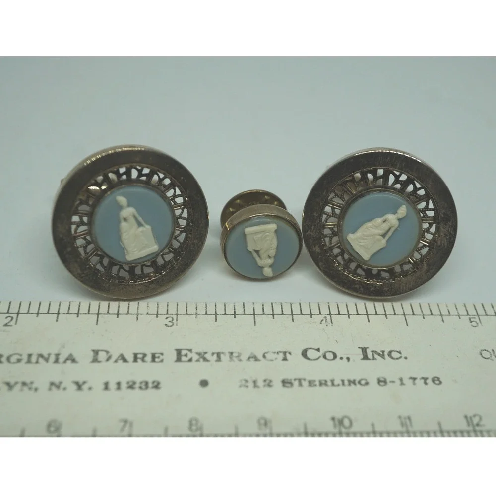 Vintage Grecian Blue Cameo Cufflinks and Tie Tack Set Gold Tone Formal Mens