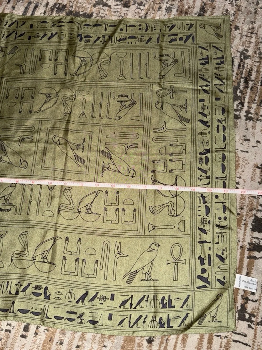 Egyptian Hieroglyph Print Lightweight Scarf in Olive Green
