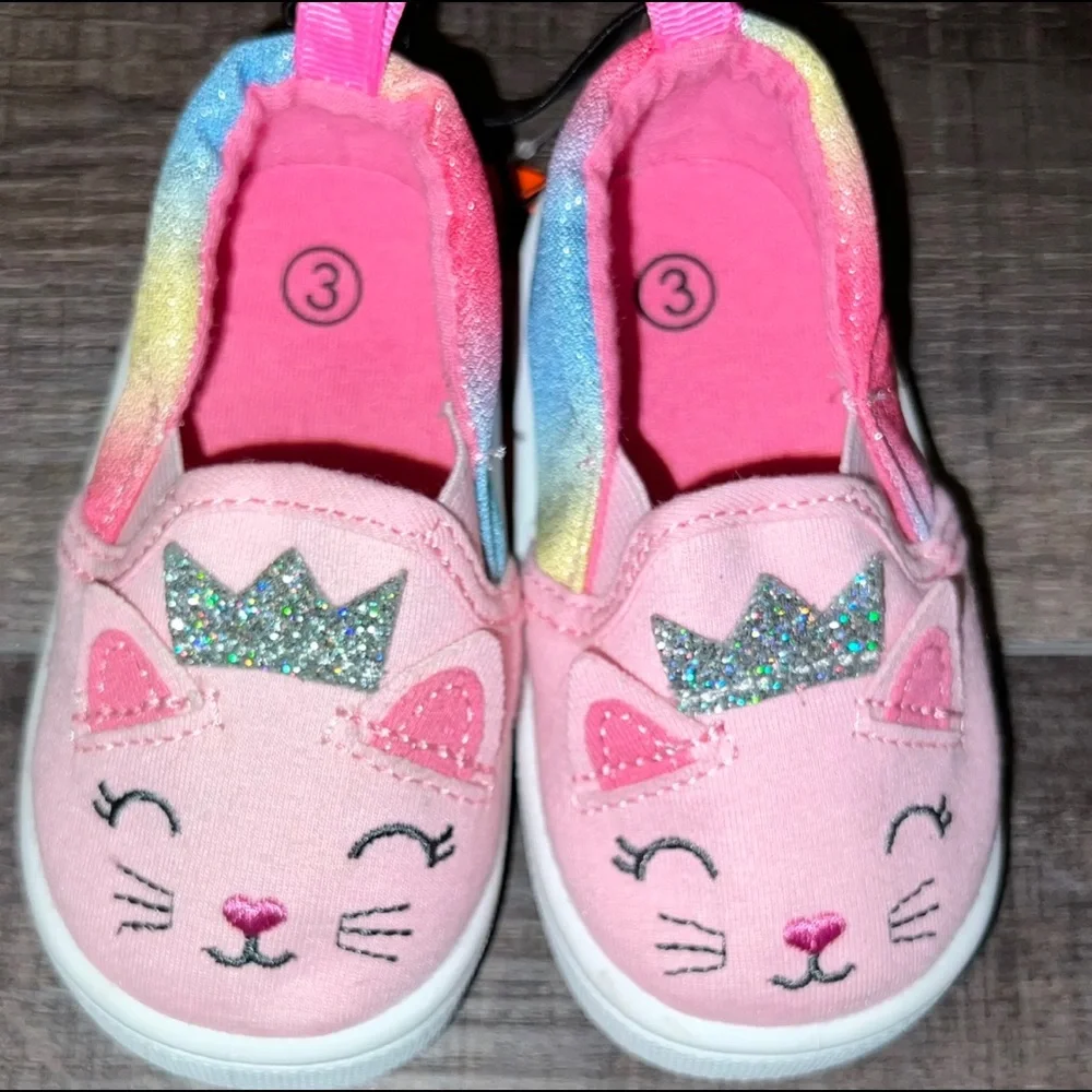 💞 New Baby & Toddler Girl Size 3 Pink Princess Kitty Closed Toe Slip On Shoes