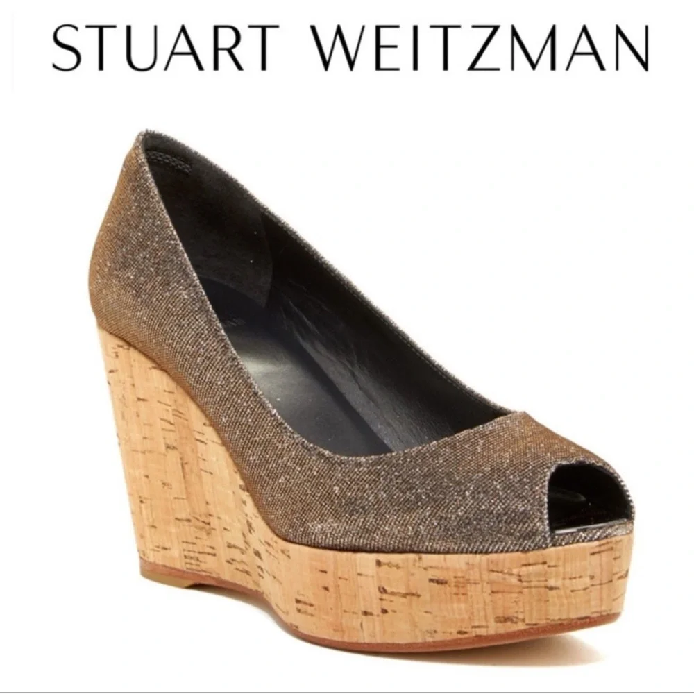 Stuart Weitzman • Anna Metallic Peep Toe Cork Platform Wedge Heels