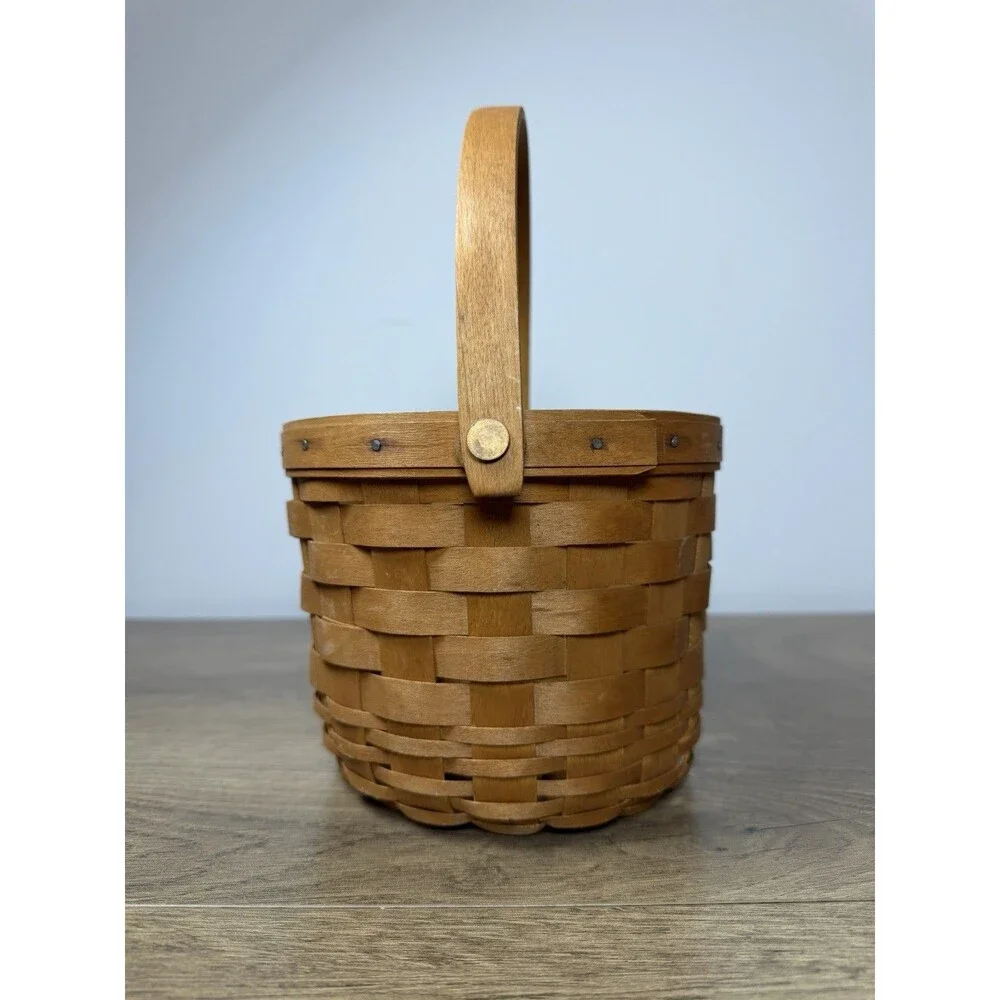 Vtg Longaberger Round Basket 1996 Swing Handle Handwoven Storage Classic Stain
