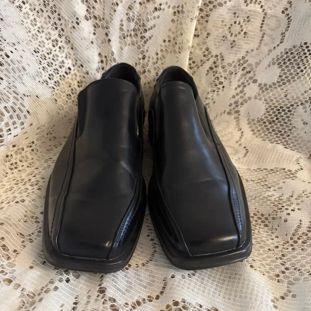 David & Co Men's US 9.5 W Black Leather Square Toe Dress Loafers Shoes