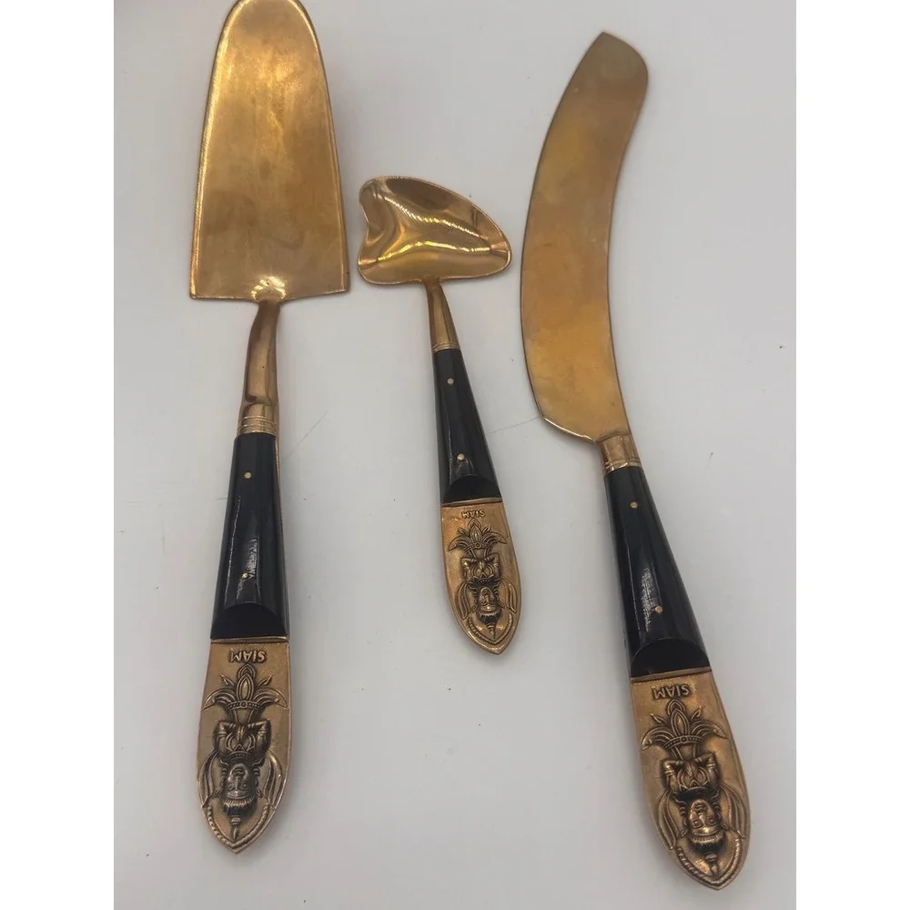 Vintage James Thailand Nickel Bronze Dessert Utensil Set 19pc Siam Goddess Case