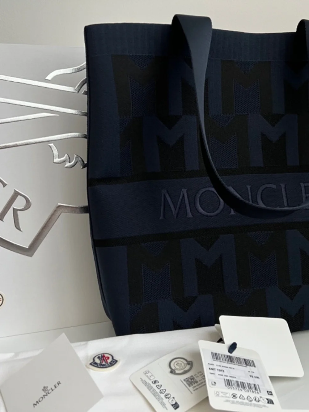 Moncler Bag Unisex Large Tote Navy Blue Knitted Jacquard Shopper Travel $1,500