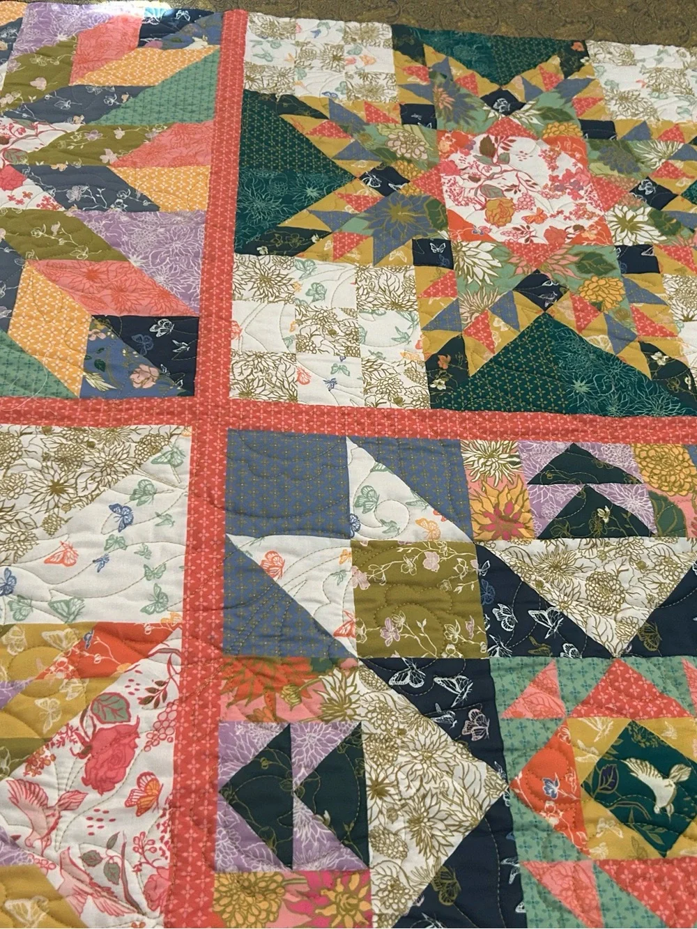 ONE OF A KIND - Handmade Multicolor Patchwork Quilt - Floral Star Pattern