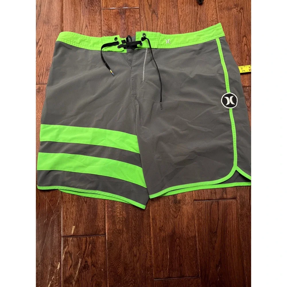 Hurley Board Shorts Mens 42 Grey Neon Green Striped Swim Trunks Surf‎ Shorts