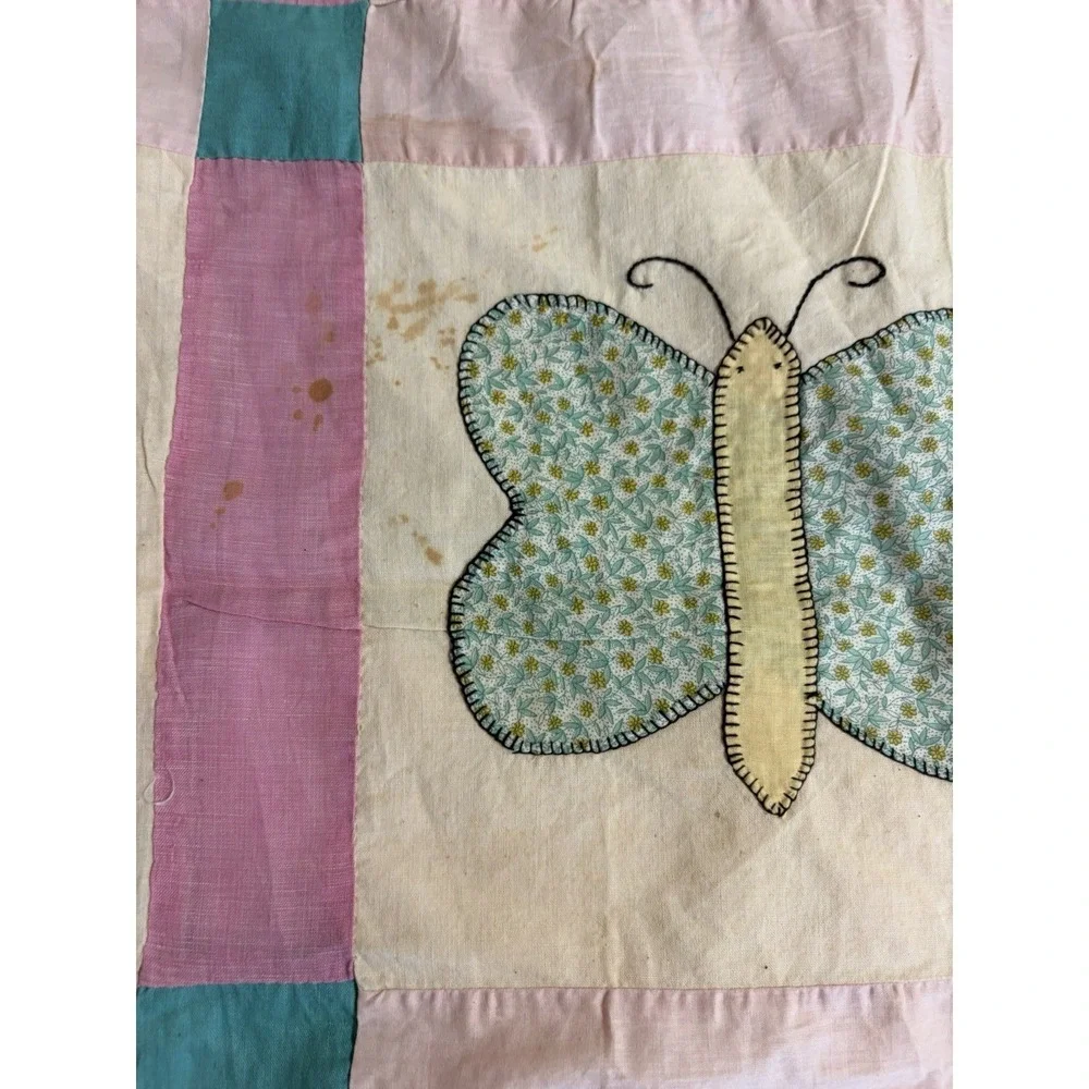 Vintage Atq Handmade Quilt Butterfly Feedsack Quilt Topper Homemade 76