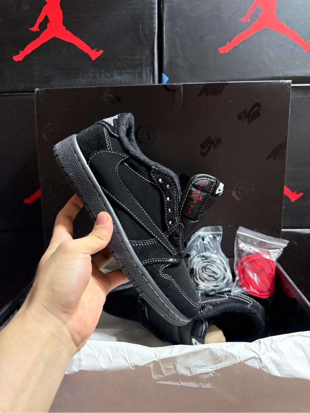Jordan 1 Travis Scott Black Phantom Low-Top Black Suede Sneakers
