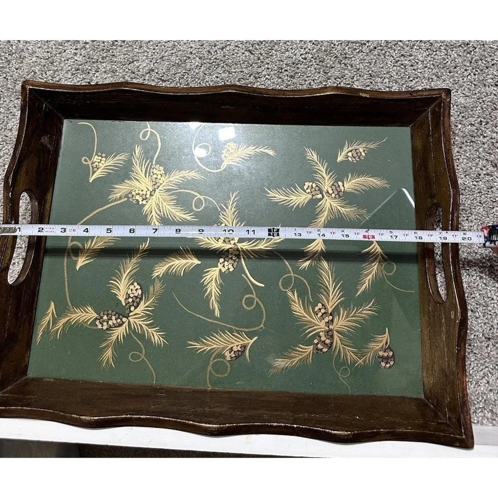 Vintage Christmas Tray Green Gold Pinecone Wood Serving Tray Target 2002