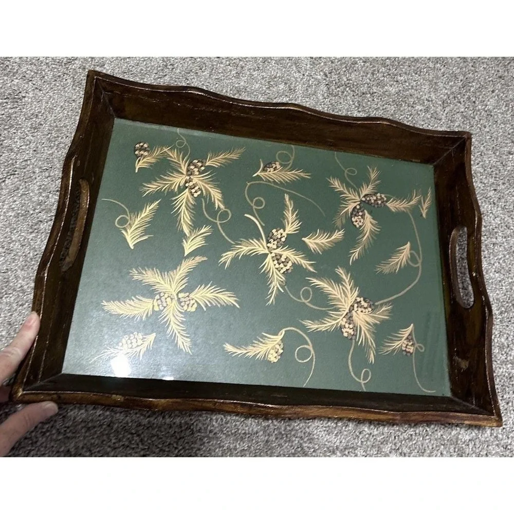 Vintage Christmas Tray Green Gold Pinecone Wood Serving Tray Target 2002