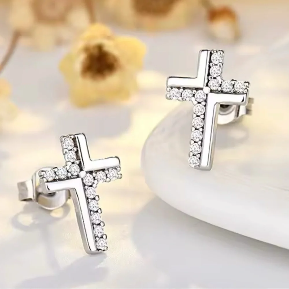 NEW SIMULATED DIAMOND CROSS STUD EARRINGS,‎ RELIGIOUS JEWELRY , MENS JEWELRY