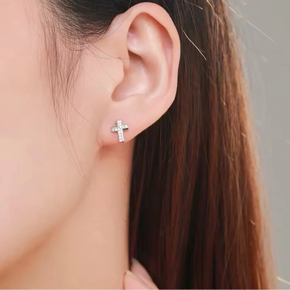 NEW SIMULATED DIAMOND CROSS STUD EARRINGS,‎ RELIGIOUS JEWELRY , MENS JEWELRY